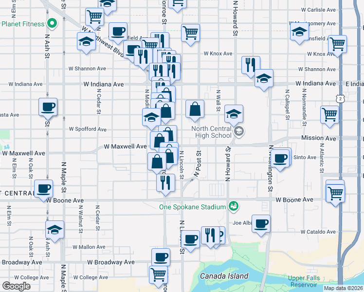 map of restaurants, bars, coffee shops, grocery stores, and more near W Maxwell Ave & N Lincoln St in Spokane