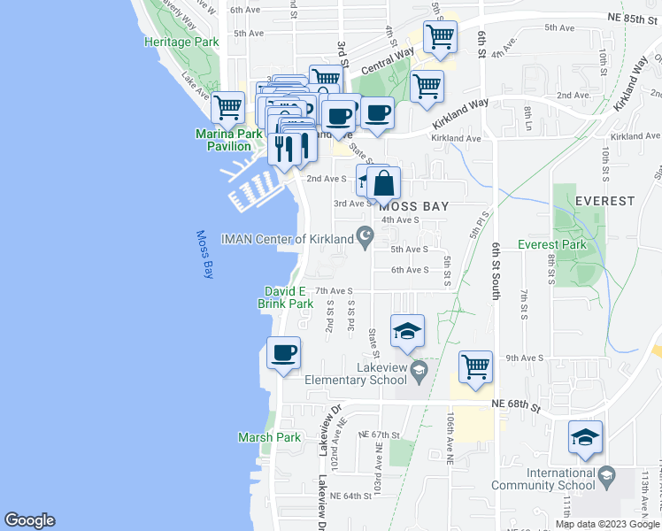 map of restaurants, bars, coffee shops, grocery stores, and more near 219 5th Avenue South in Kirkland