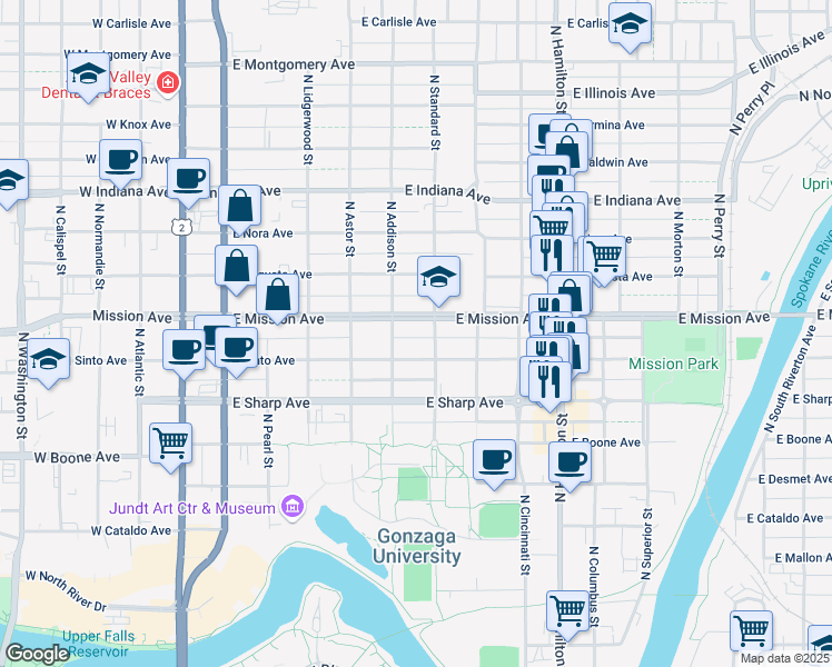 map of restaurants, bars, coffee shops, grocery stores, and more near 518 East Mission Avenue in Spokane