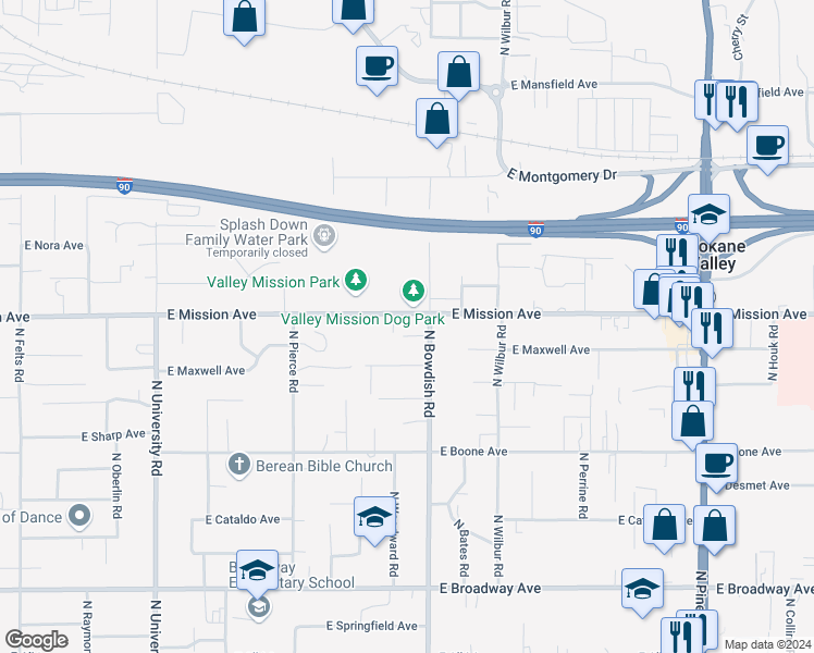 map of restaurants, bars, coffee shops, grocery stores, and more near 11320 East Mission Avenue in Spokane Valley