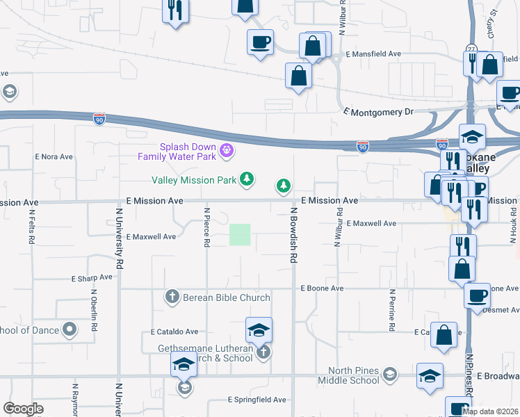 map of restaurants, bars, coffee shops, grocery stores, and more near 11320 East Mission Avenue in Spokane Valley