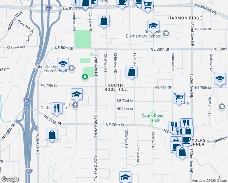 map of restaurants, bars, coffee shops, grocery stores, and more near in Kirkland