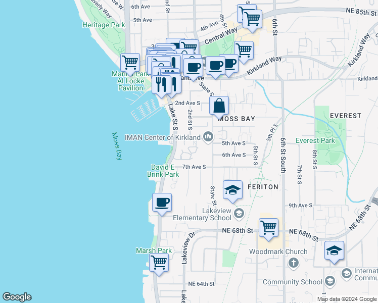 map of restaurants, bars, coffee shops, grocery stores, and more near 510 Lake Street South in Kirkland