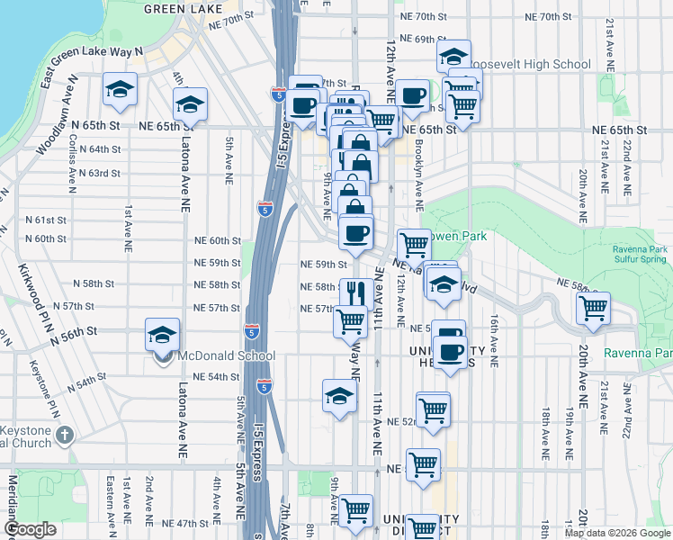 map of restaurants, bars, coffee shops, grocery stores, and more near 830 Northeast 59th Street in Seattle