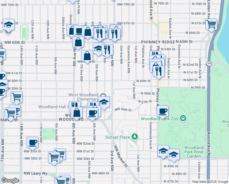 map of restaurants, bars, coffee shops, grocery stores, and more near 5821 3rd Avenue Northwest in Seattle