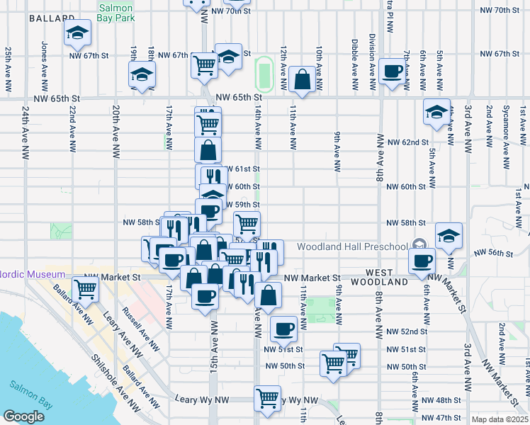 map of restaurants, bars, coffee shops, grocery stores, and more near 5816 14th Avenue Northwest in Seattle