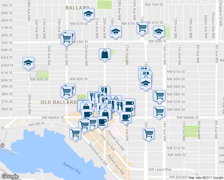 map of restaurants, bars, coffee shops, grocery stores, and more near 1737 Northwest 59th Street in Seattle