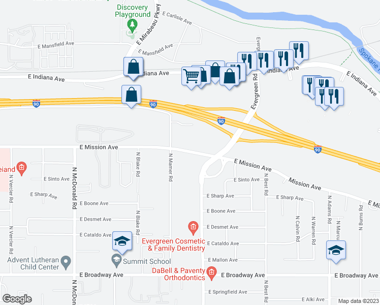 map of restaurants, bars, coffee shops, grocery stores, and more near 13808 East Mission Avenue in Spokane Valley