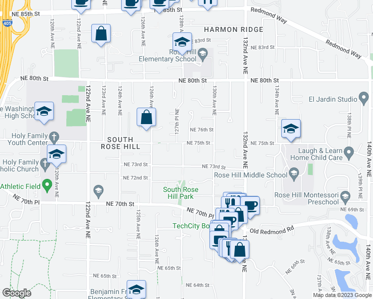 map of restaurants, bars, coffee shops, grocery stores, and more near 7330 128th Avenue Northeast in Kirkland