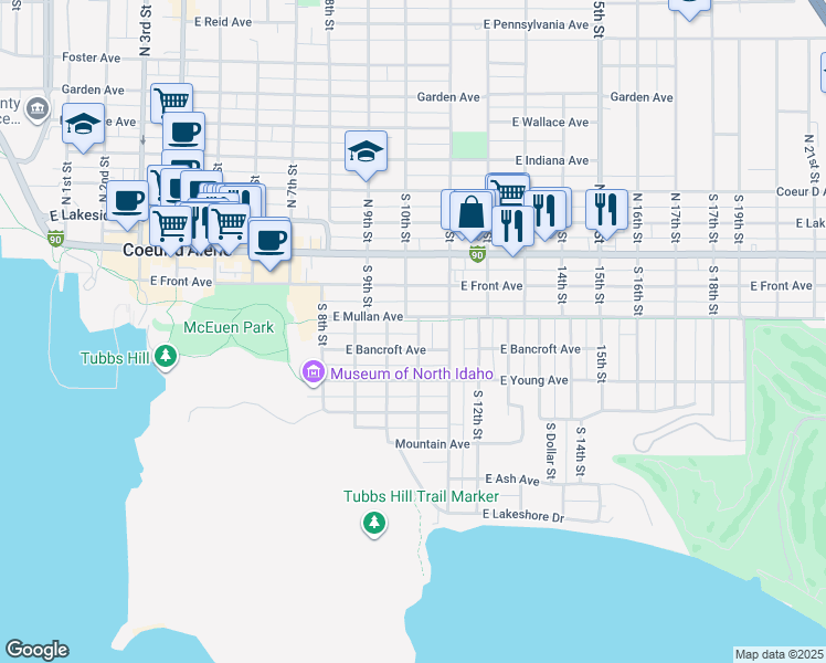 map of restaurants, bars, coffee shops, grocery stores, and more near 1014 East Mullan Avenue in Coeur d'Alene