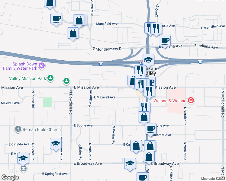 map of restaurants, bars, coffee shops, grocery stores, and more near 11908 East Mission Avenue in Spokane Valley