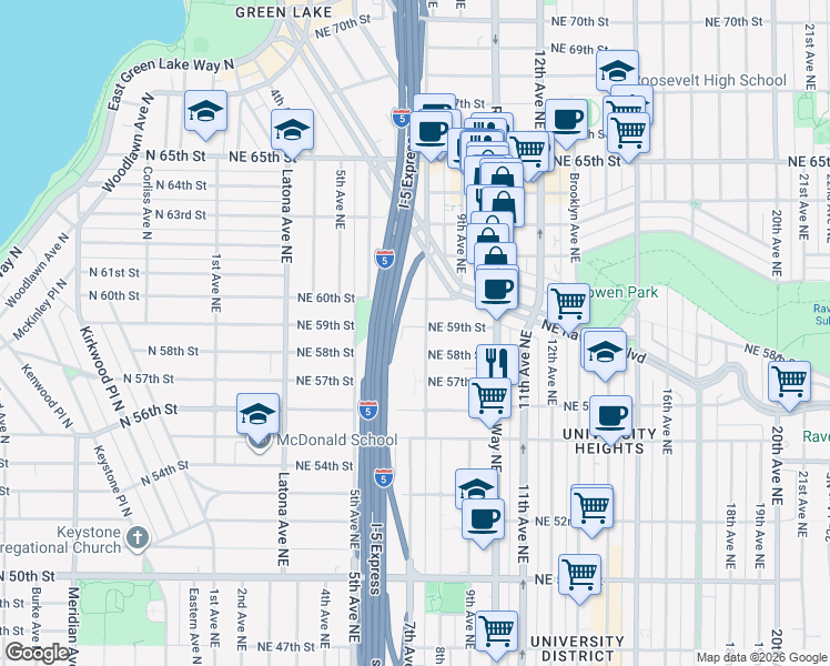 map of restaurants, bars, coffee shops, grocery stores, and more near 751 Northeast 59th Street in Seattle