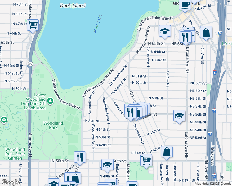 map of restaurants, bars, coffee shops, grocery stores, and more near 5818 McKinley Place North in Seattle
