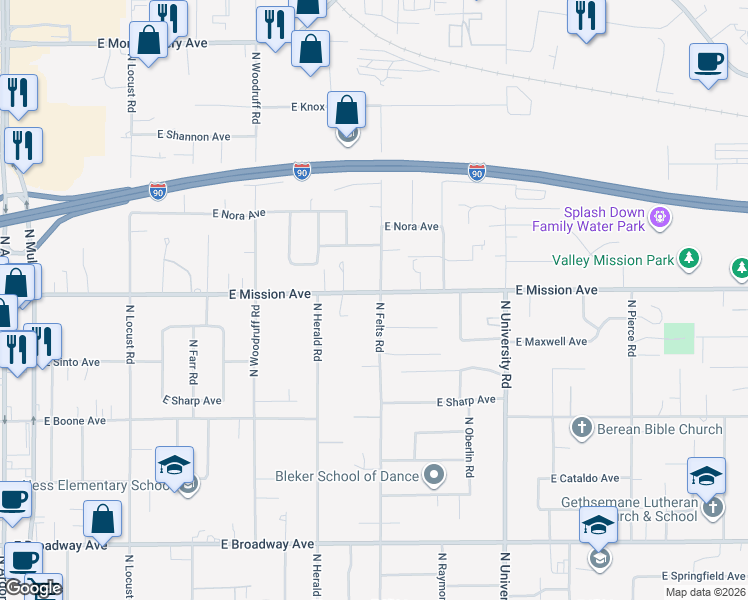 map of restaurants, bars, coffee shops, grocery stores, and more near 10222 East Mission Avenue in Spokane Valley