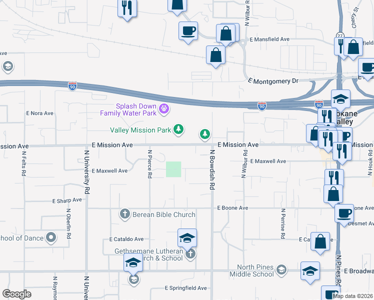 map of restaurants, bars, coffee shops, grocery stores, and more near 11304 East Mission Avenue in Spokane Valley