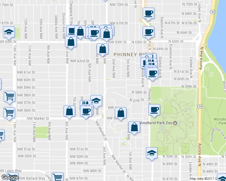 map of restaurants, bars, coffee shops, grocery stores, and more near 204 Northwest 58th Street in Seattle