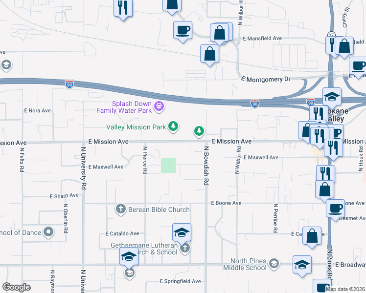 map of restaurants, bars, coffee shops, grocery stores, and more near 11320 East Mission Avenue in Spokane Valley