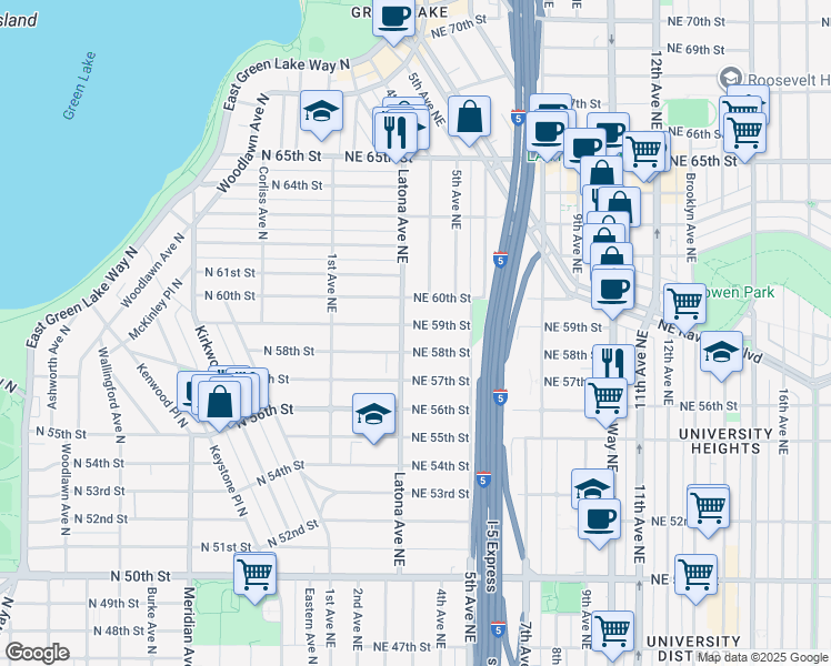 map of restaurants, bars, coffee shops, grocery stores, and more near 311 Northeast 59th Street in Seattle