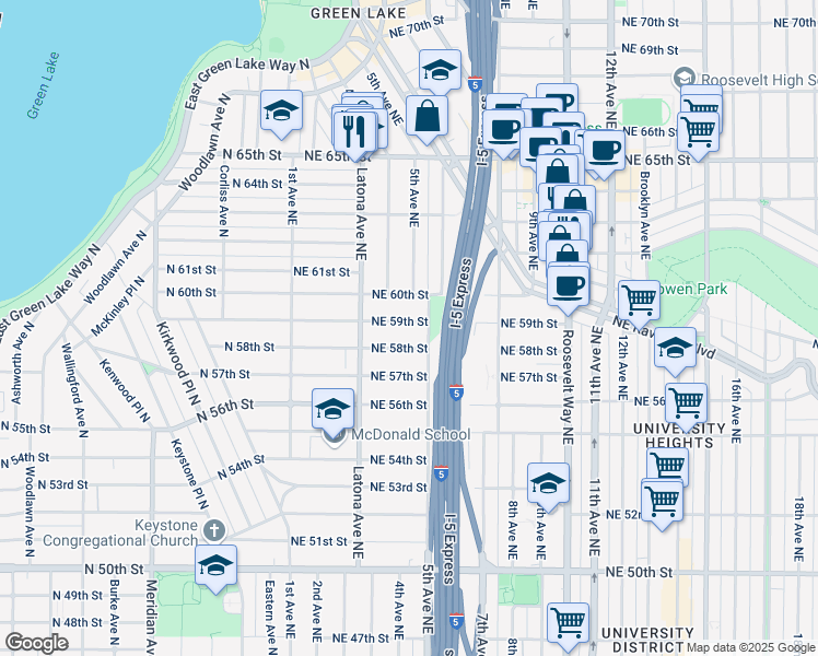 map of restaurants, bars, coffee shops, grocery stores, and more near 343 Northeast 59th Street in Seattle