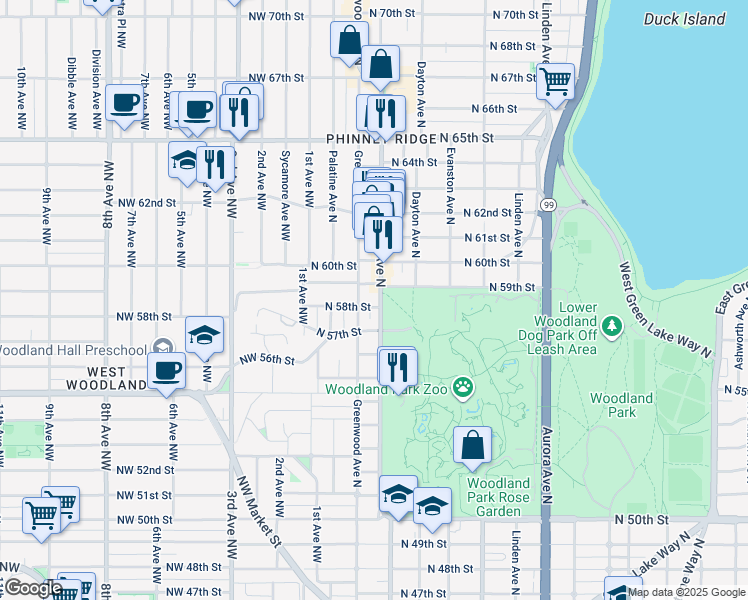 map of restaurants, bars, coffee shops, grocery stores, and more near 5801 Phinney Avenue North in Seattle