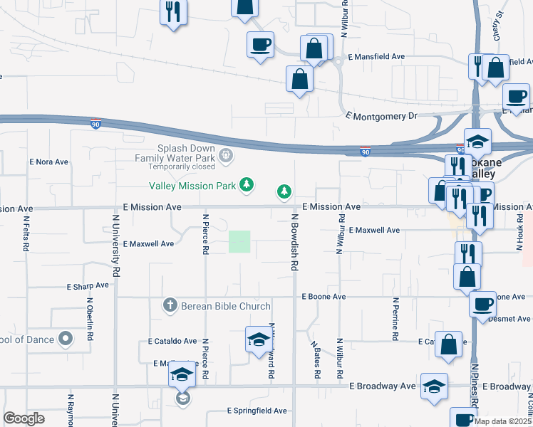 map of restaurants, bars, coffee shops, grocery stores, and more near 11320 East Mission Avenue in Spokane Valley