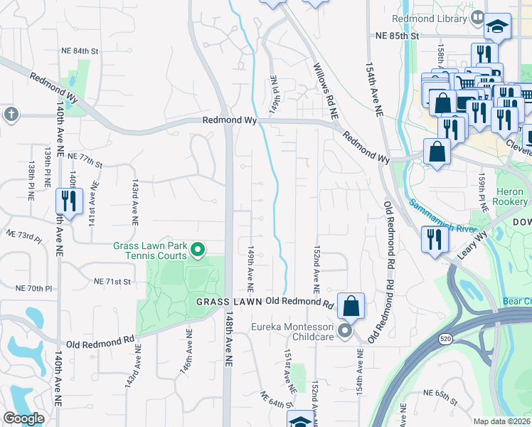 map of restaurants, bars, coffee shops, grocery stores, and more near 14930 Northeast 74th Court in Redmond