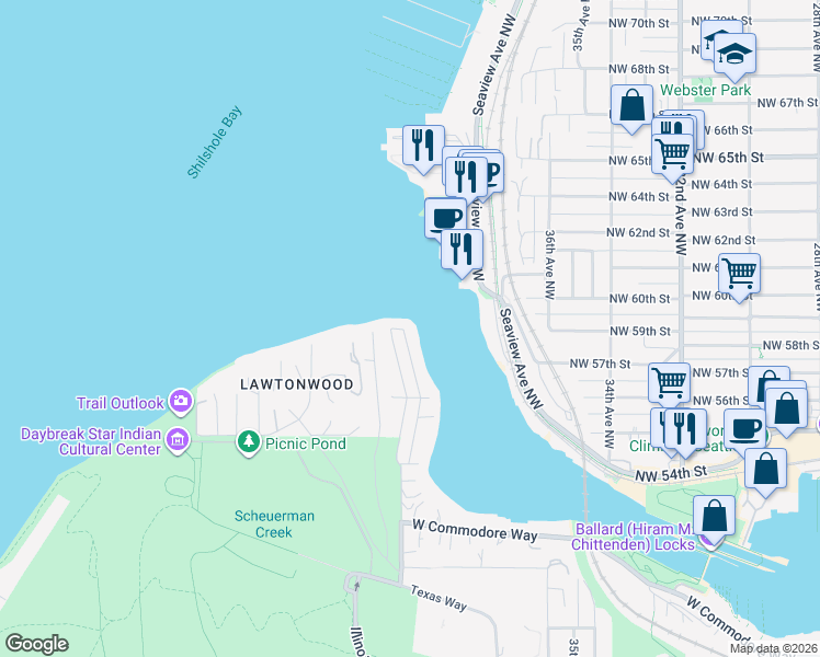 map of restaurants, bars, coffee shops, grocery stores, and more near 5662 39th Avenue West in Seattle