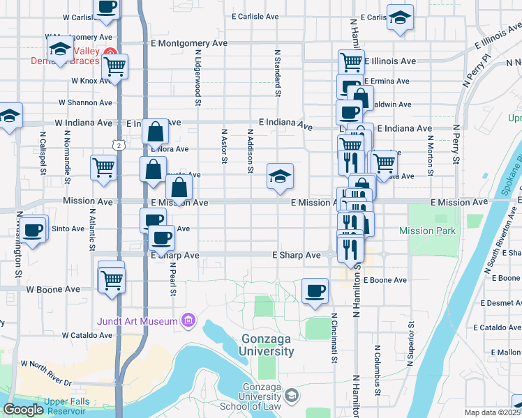 map of restaurants, bars, coffee shops, grocery stores, and more near 518 East Mission Avenue in Spokane