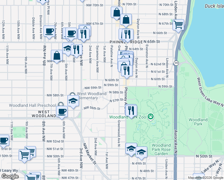 map of restaurants, bars, coffee shops, grocery stores, and more near 128 North 58th Street in Seattle