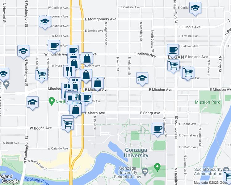 map of restaurants, bars, coffee shops, grocery stores, and more near 336 East Mission Avenue in Spokane