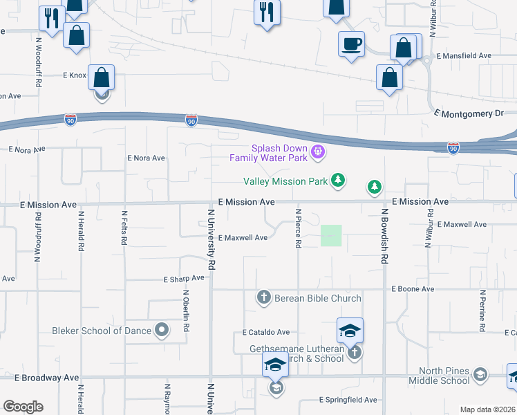 map of restaurants, bars, coffee shops, grocery stores, and more near 1523 North Glenn Road in Spokane Valley