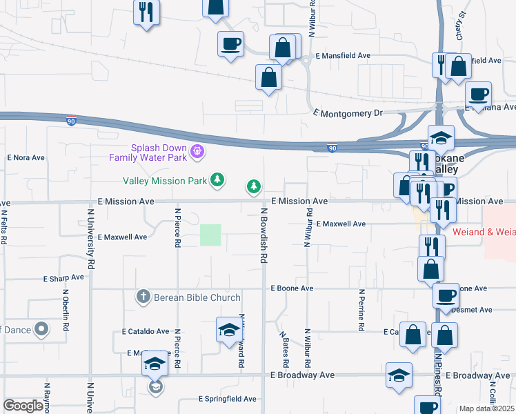 map of restaurants, bars, coffee shops, grocery stores, and more near in Spokane Valley