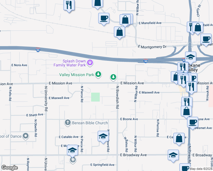 map of restaurants, bars, coffee shops, grocery stores, and more near 11320 East Mission Avenue in Spokane Valley