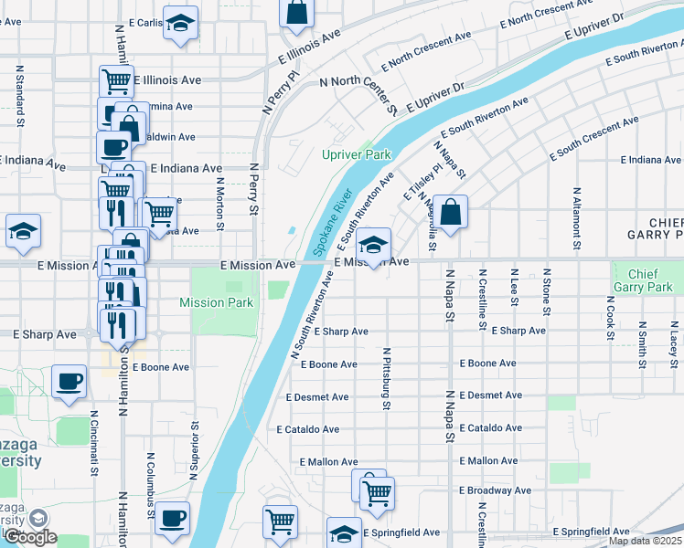 map of restaurants, bars, coffee shops, grocery stores, and more near 11 East Mission Avenue in Spokane