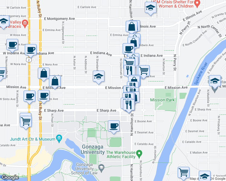 map of restaurants, bars, coffee shops, grocery stores, and more near 714a East Mission Avenue in Spokane
