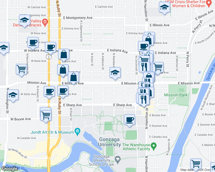 map of restaurants, bars, coffee shops, grocery stores, and more near 518 East Mission Avenue in Spokane