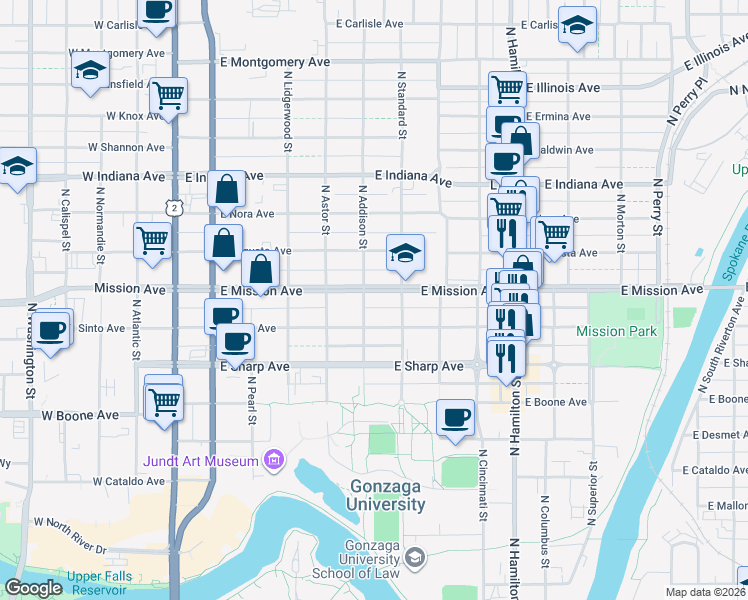 map of restaurants, bars, coffee shops, grocery stores, and more near 518 East Mission Avenue in Spokane