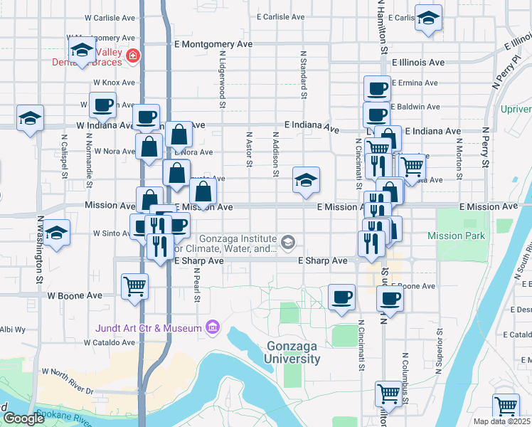 map of restaurants, bars, coffee shops, grocery stores, and more near 424 East Mission Avenue in Spokane