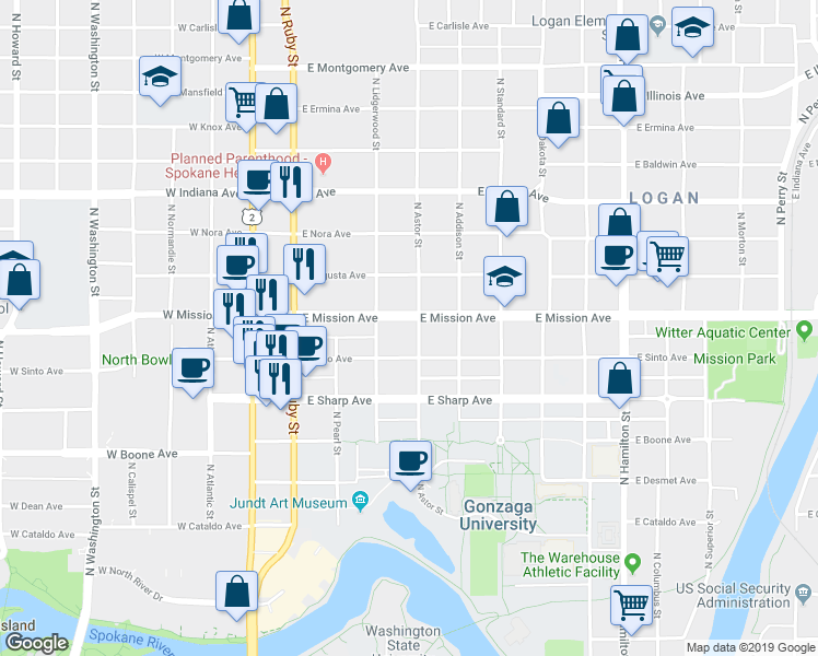 map of restaurants, bars, coffee shops, grocery stores, and more near 328 East Mission Avenue in Spokane