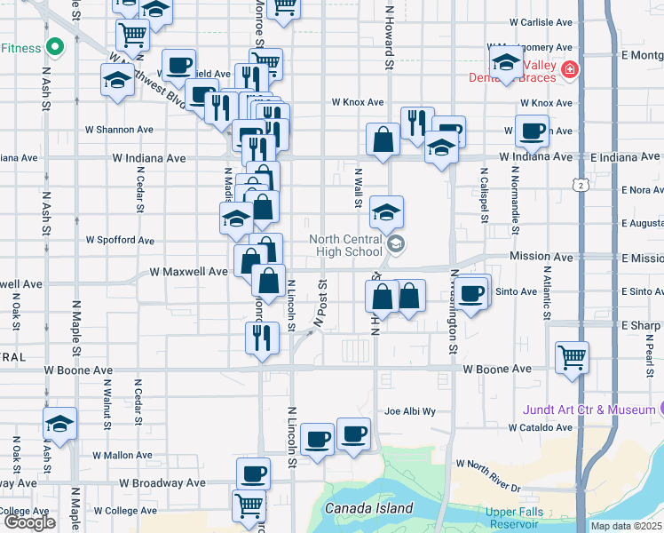 map of restaurants, bars, coffee shops, grocery stores, and more near 718 West Maxwell Avenue in Spokane