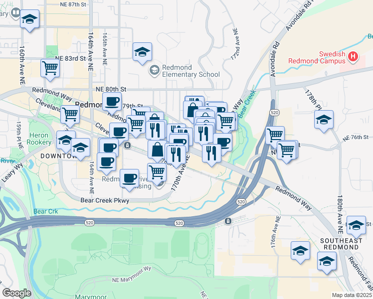 map of restaurants, bars, coffee shops, grocery stores, and more near 16989 Washington 202 in Redmond