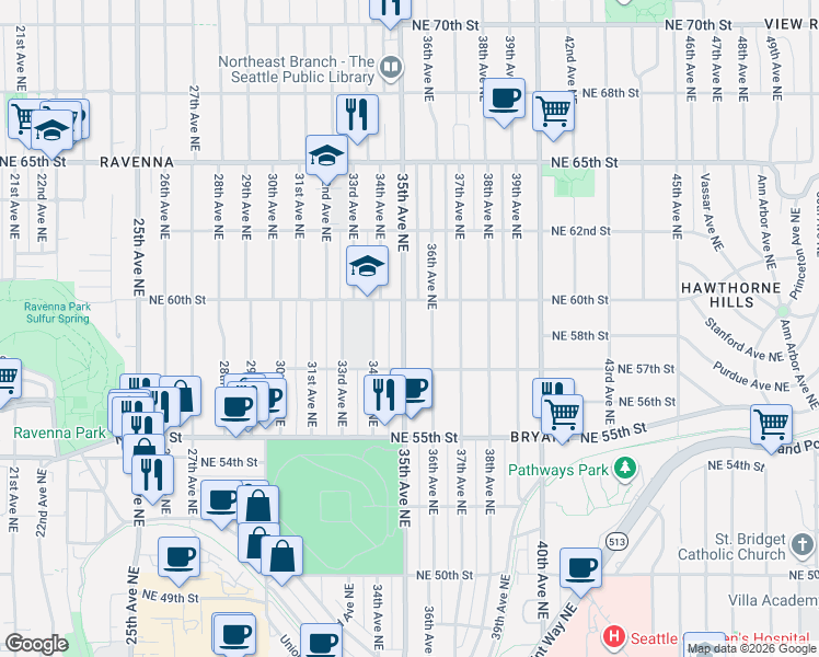 map of restaurants, bars, coffee shops, grocery stores, and more near 5737 35th Avenue Northeast in Seattle