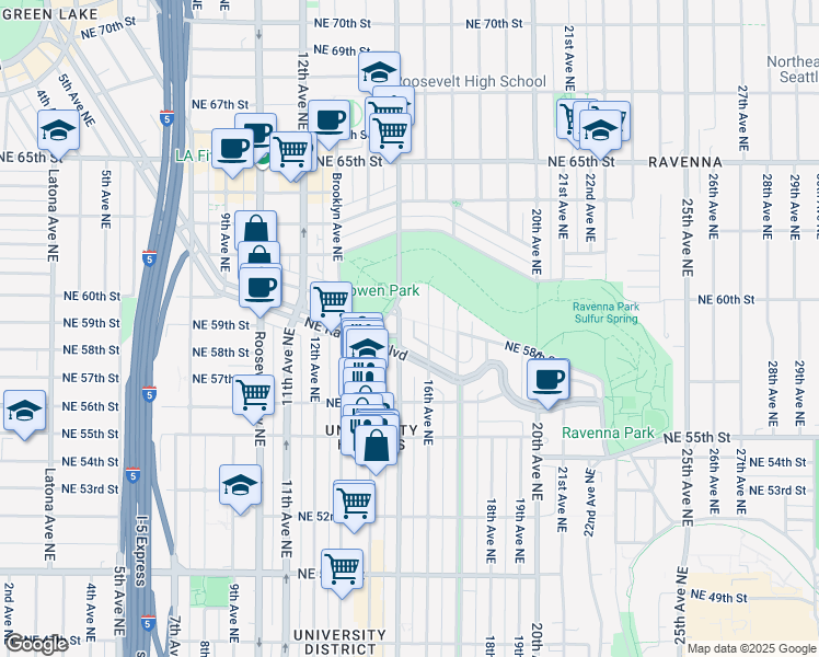 map of restaurants, bars, coffee shops, grocery stores, and more near 5720 15th Avenue Northeast in Seattle