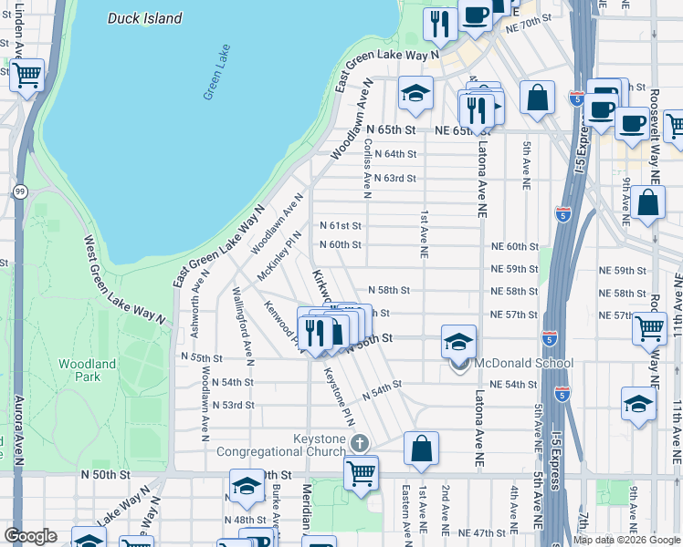 map of restaurants, bars, coffee shops, grocery stores, and more near 2119 North 59th Street in Seattle