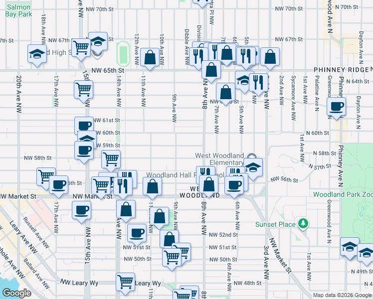 map of restaurants, bars, coffee shops, grocery stores, and more near 815 Northwest 59th Street in Seattle