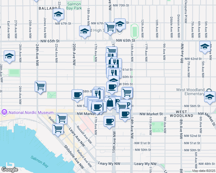 map of restaurants, bars, coffee shops, grocery stores, and more near 1525 Northwest 59th Street in Seattle
