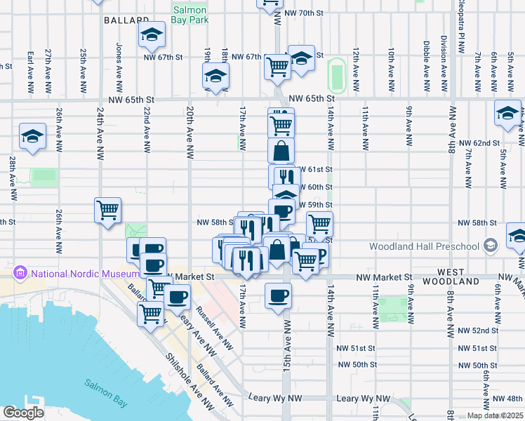 map of restaurants, bars, coffee shops, grocery stores, and more near 1525 Northwest 59th Street in Seattle