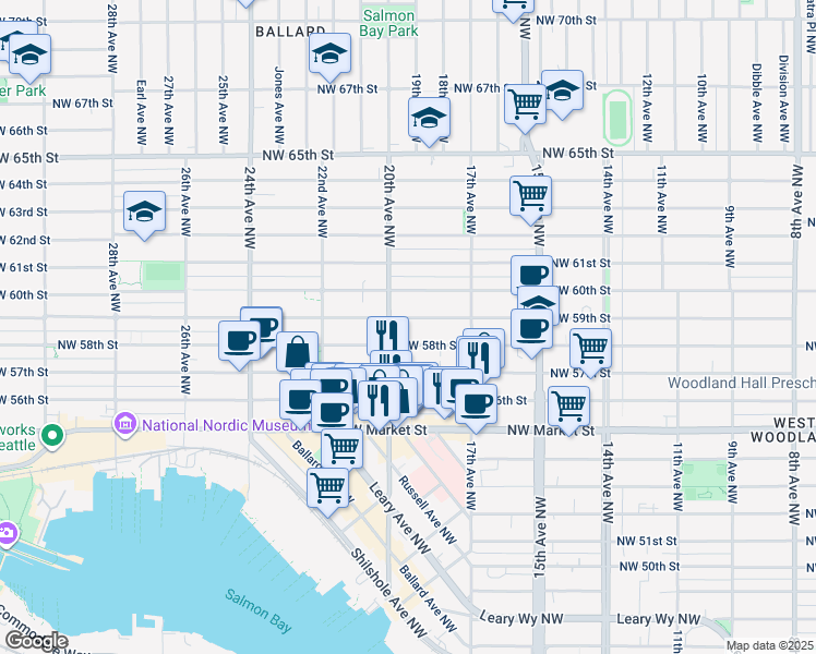 map of restaurants, bars, coffee shops, grocery stores, and more near 1771 Northwest 59th Street in Seattle