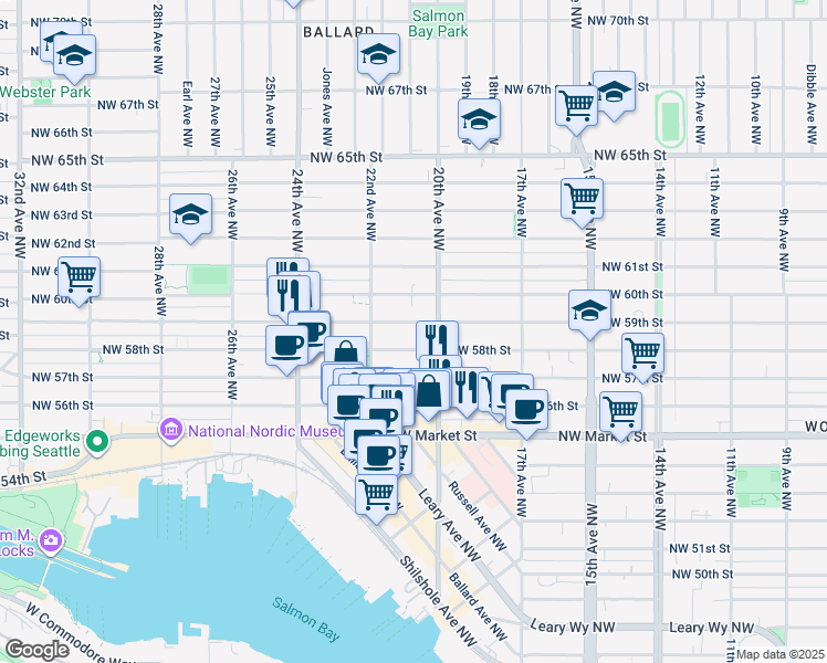 map of restaurants, bars, coffee shops, grocery stores, and more near 2031 Northwest 59th Street in Seattle