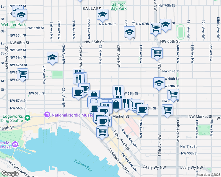 map of restaurants, bars, coffee shops, grocery stores, and more near 2031 Northwest 59th Street in Seattle